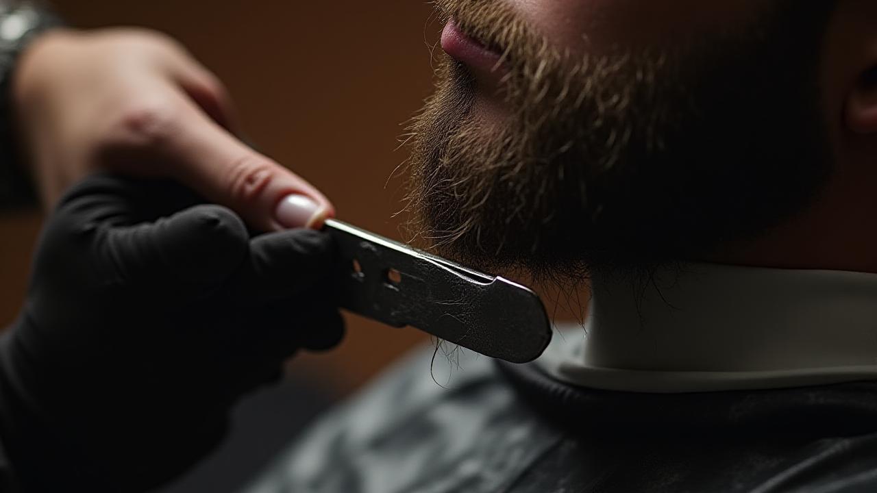 Barbier professionnel sculptant une barbe au rasoir droit avec précision